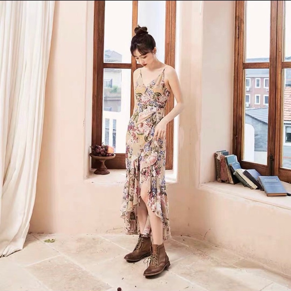 Cute floral print sleeveless long dress